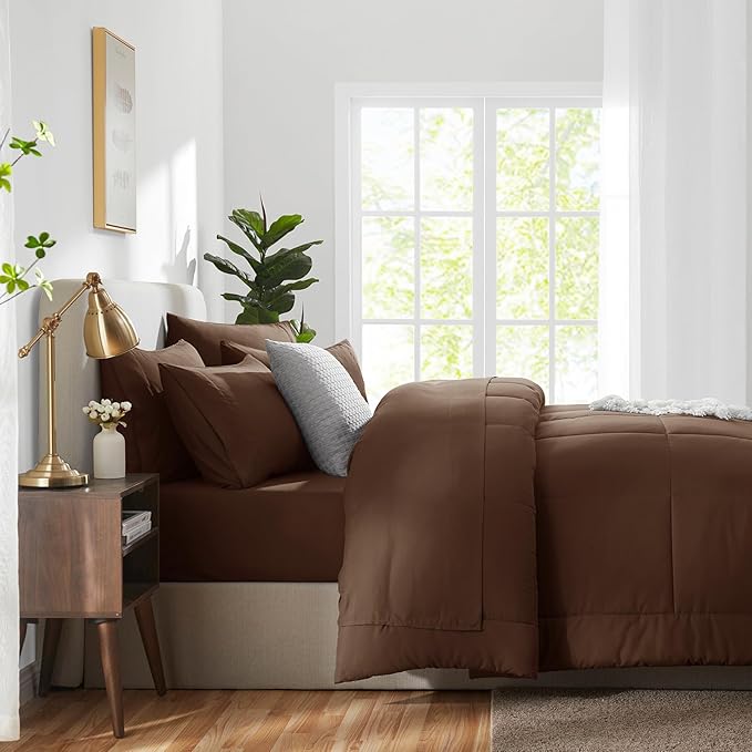 CozyLux Queen Comforter Set Brown, 7 Pieces Bed in a Bag, Brown Comforters Queen Size, All Season Bedding Sets with Stitch Quilted Comforter, Flat Sheet, Fitted Sheet, Pillowcases