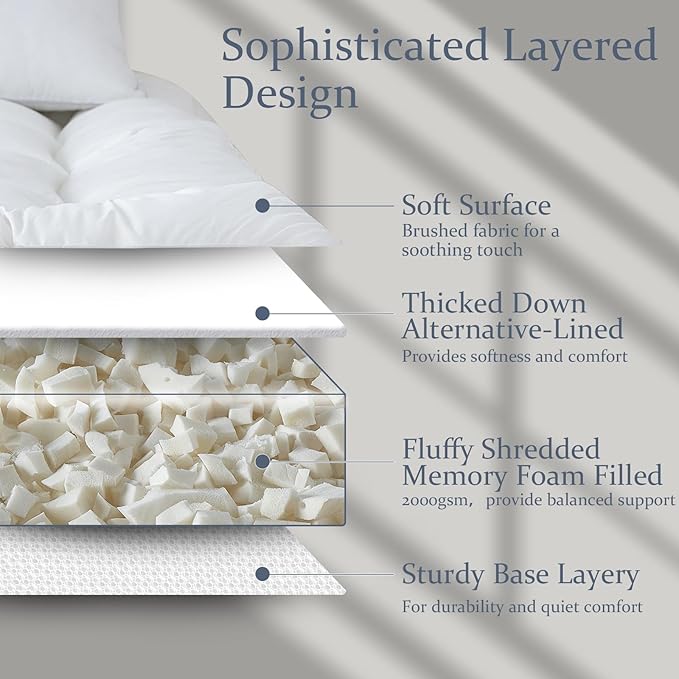 WhatsBedding 5 inch Memory Foam Mattress Topper Queen Size for Back Pain, Soft Breathable Cover, Comfort Supportive Pillow Top Mattress Topper, 2000GSM Fluffy Shredded Memory Foam Filled