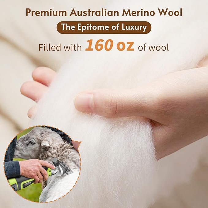 Luxury 100% Organic Wool Mattress Topper Made from Australian Merino,Extra Thick Pillow Top Mattress Pad with 100% Cotton Cover, Fuffy Mattress Cover (Beige, Queen(60"x80"))