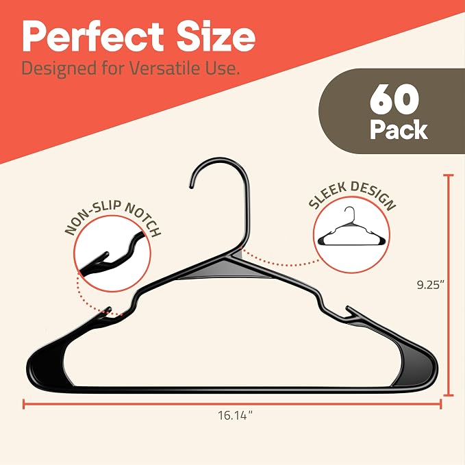 Black Plastic Hangers 60 Pack– Heavy-Duty Plastic Hangers Slim and Space-Saving, Durable and Lightweight PP with Non-Slip Shoulder Notches for Slip Dresses, Suits, Jackets & Camisoles - Image 2