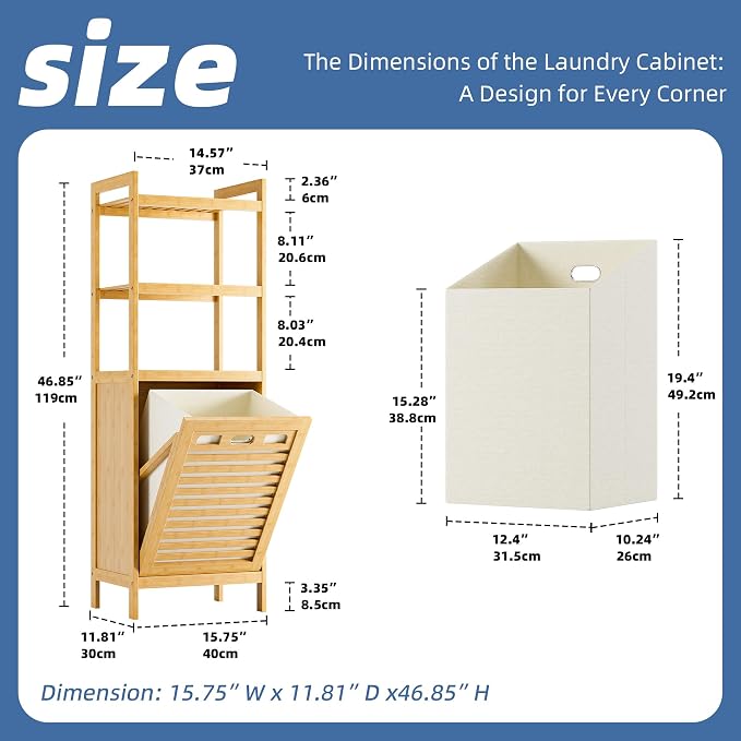HITNET Tilt Out Laundry Hamper, Bamboo Laundry Basket with Foldable Bag and 3 Open Shelves, Freestanding Clothes Storage Organizer for Bedroom, Bathroom, Living Room, Natural - Image 3