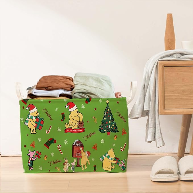 Winnie Theme Christmas Baskets Decor,the Pooh Baby Stuff, Large Square Canvas Baby Laundry Hamper with A Waterproof PE Coating,Foldable Storage Bin for Toys and Clothes - Image 5