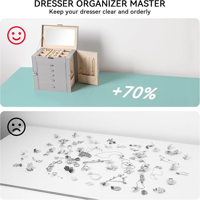 Frebeauty Large Jewelry Box,6-Tier PU Leather Jewelry Organizer,Multi-functional Storage Case with Mirror,Accessories Holder with 5 Drawers for Necklace Bracelets Watches(Grey) - Image 6