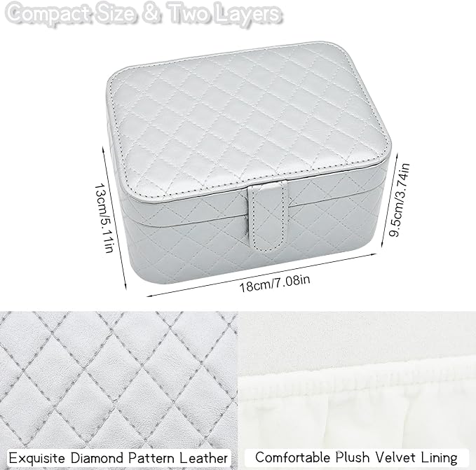 Jewelry Travel Case, 2-Layer Jewelry Box Organizer Medium Jewelry Travel Box, Portable Faux Leather Jewellery Storage Boxes with Argyle for Women, Daily Jewellery Case Home Use (Silver gray) - Image 2