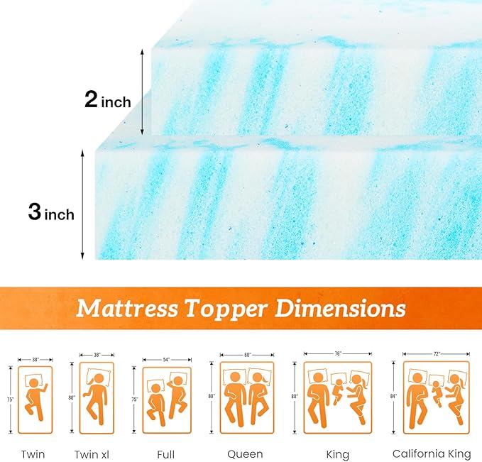 Mattress Toppers Memory Foam Cooling Gel Infused for Enhanced Comfort, CertiPUR-US Certified Breathable Bed Topper Pad with Support for Sleeper Sofa Couch RV Camper, Twin XL, 2 Inch