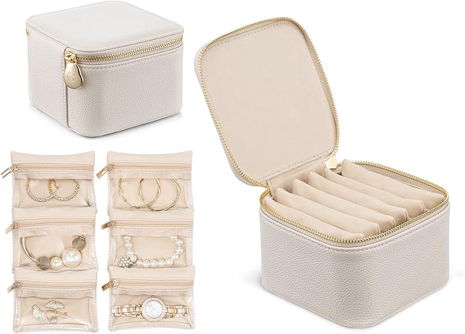 VLANDO Travel Jewelry Box Organizer – Portable PU Leather Jewelry Case with 6/8/12 Zippered Pouches, Compact Storage for Earrings Rings Necklaces Bracelets, Offwhite by VLANDO