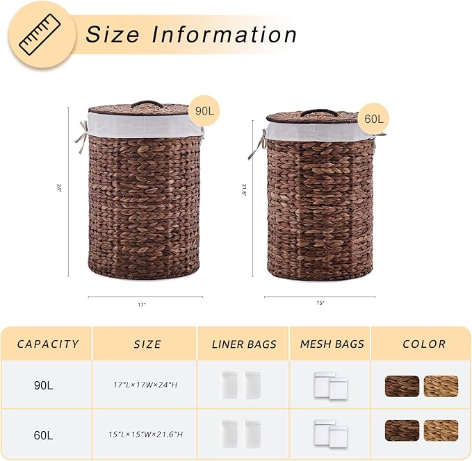 Round Water Hyacinth Laundry Hamper with Lid Handwoven Wicker Basket with Handles for Dirty Clothes, Storage, and Organization Ideal for Bedroom, Bathroom, and Laundry Room, No Assembly Required, 2Pcs - Image 2