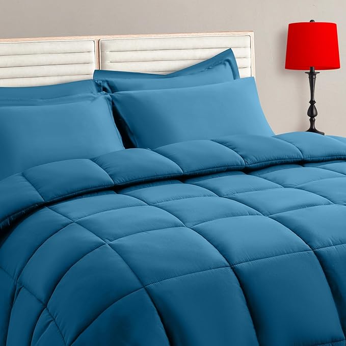 TAIMIT Teal Queen Size Comforter Set - 7 Pieces, Bed in a Bag Bedding Sets with All Season Soft Quilted Warm Fluffy Reversible Comforter,Flat Sheet,Fitted Sheet,2 Pillow Shams,2 Pillowcases