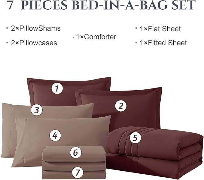 Monbix Queen Comforter Set - 7 Pieces Dark Red Bed in a Bag Queen Bedding Sets with Comforters, All Seasons Comforter Bed Set with Sheets, Pillowcases & Shams