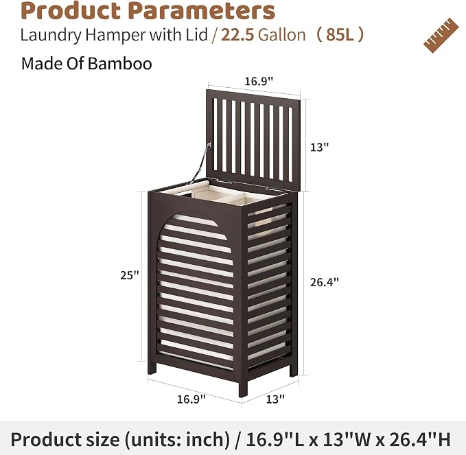 FILWH Laundry Hamper with Lid (16.9 * 13 * 26.5inches) Large Bamboo Laundry Bin Basket 85L Clothes Hamper with 1 Removable Bag Storage baskets for Bathroom(Brown) - Image 2