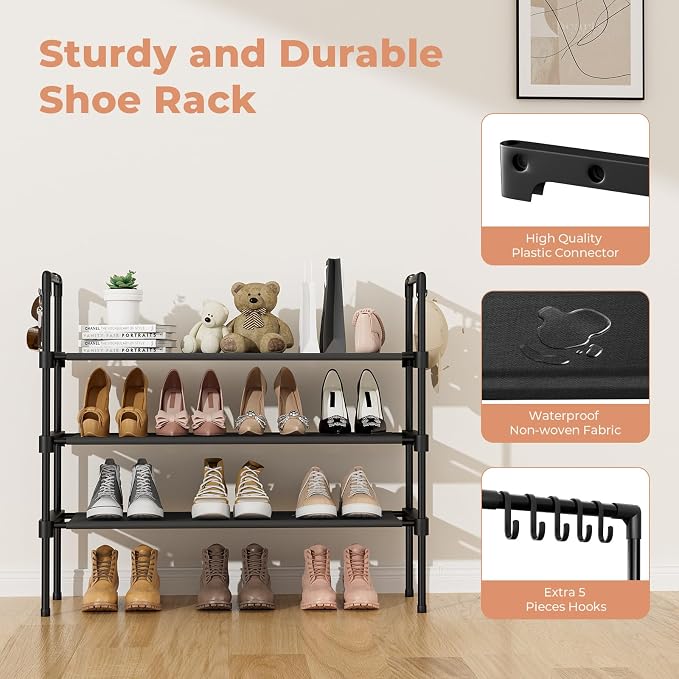 LANTEFUL 3 Tier Shoe Rack for Closet, Shoe Organizer with 5 Hooks, Long Shoe Shelf Storage for Sneaker and Boot Stackable Free Standing Shoe Rack for Entryway, Garage, Small Spaces, Dorm - Image 4