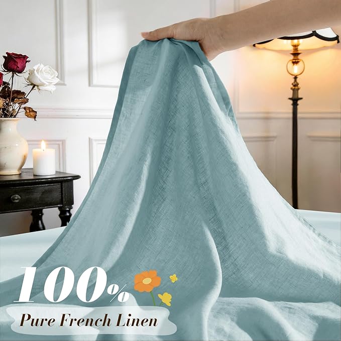 SONORO KATE 100% French Pure Linen Sheets, Breathable and Durable Linen King Size Sheets, Anti-Tear Linen Bed Sheets, Machine Washable, 16 Inch Deep Pocket - 4 Piece (Ocean, King)