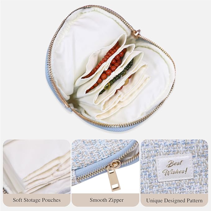 Stratalife Travel Jewelry Case Organizer for Women Portable Jewelry Box with Small Pouches for Gemstones Healing Crystal Bracelets, Necklace Bangles Storage, Pendants Ring Holder Zipper, Quilted Blue - Image 4