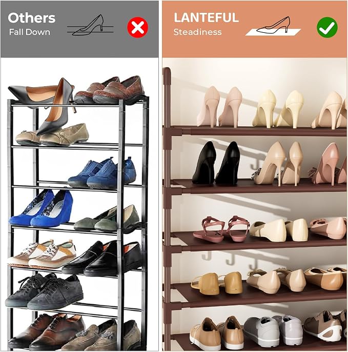 LANTEFUL Tall Shoe Rack 10 Tier Shoe Organizer Large Shoe Shelf with 18 Hooks Storage for 50 Pair Sneaker and Boot, Stackable Vertical Shoe Rack Organizer for Closet, Entryway, Bedroom, Brown - Image 6