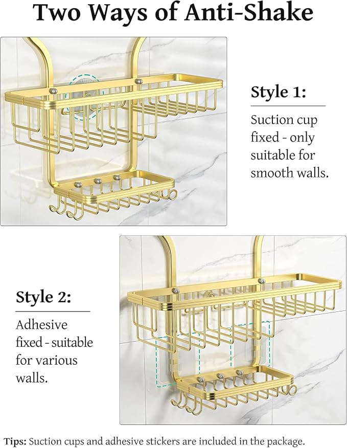 YASONIC Never-Rust Aluminum Hanging Shower Caddy – Over-the-Showerhead Organizer with 10 Hooks for Razor and Sponge – Includes Soap Basket – Gold - Image 6