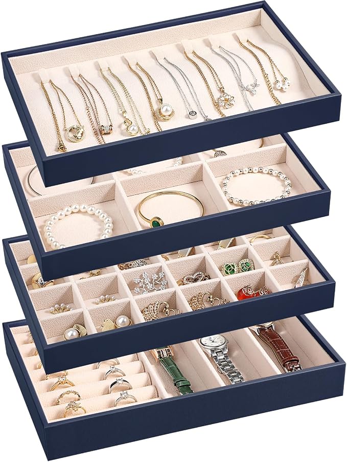 LANDICI Stackable Jewelry Organizer Trays 4 Set,PU Leather Jewelry Organizer Drawer,Jewelry Storage Display Tray for Earring Necklace Rings Bracelet with Removable Dividers,Dark Blue by LANDICI