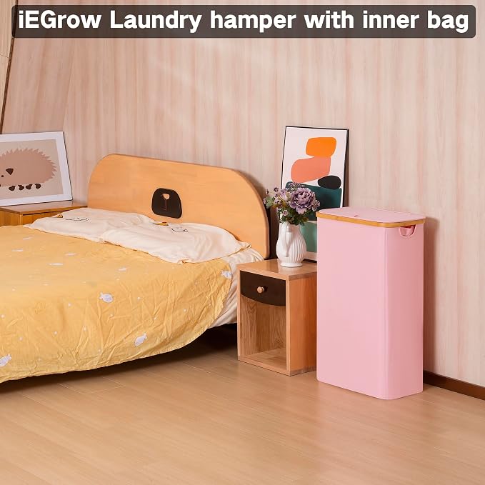 iEGrow 75L Slim Laundry Hamper, Narrow Laundry Basket with Lid,Foldable Clothes Hamper with Bamboo Handles,Hamper Basket with Removable Inner Bag for Laundry Room Bedroom College Dorm,19.8 Gals Pink - Image 5