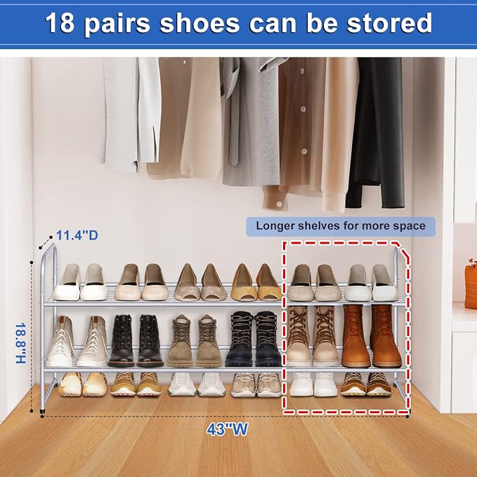 KEETDY 2-Tier Long Shoe Rack for Closet Shoe Organizer for Entryway, Metal Stackable Shoe Storage Shelf for 18 Pairs Sneakers with Strong Wire Grid, Gray - Image 2