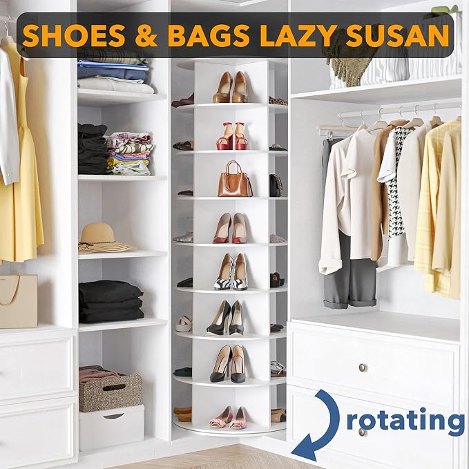 SpaceAid 8 Tier Rotating Shoe Rack Tower, Spinning Shoe Display Lazy Susan, Revolving 360 Shoe Rack Storage Round Carousel, Vertical Handbag Rotate Shoes Closet Organization (8-Tier White) - Image 4