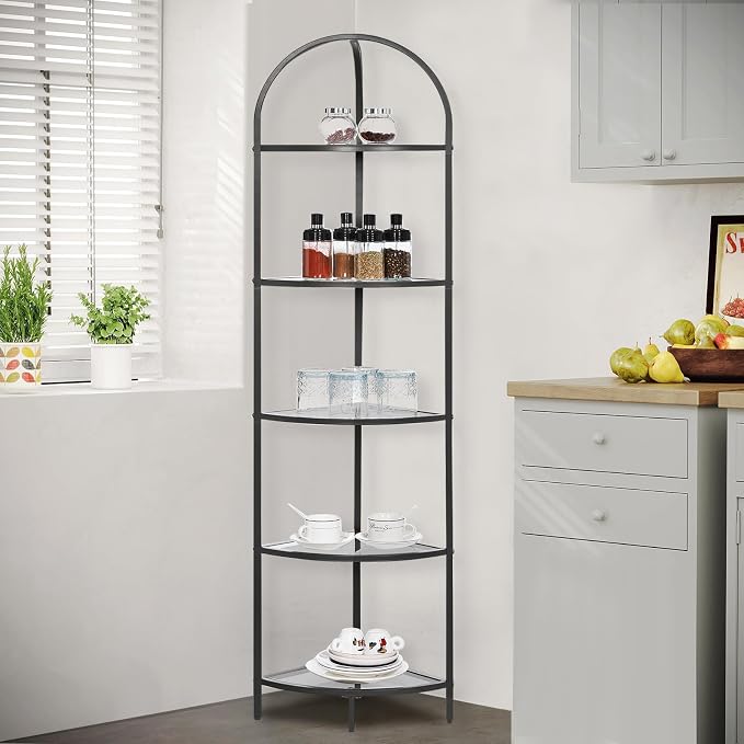 Homhedy 5-Tier Corner Shelf Stand, Metal Corner Bookshelf, Tempered Glass Shelves, Bathroom Storage Rack Shelf, Plant Stand, Modern Style, Black - Image 4
