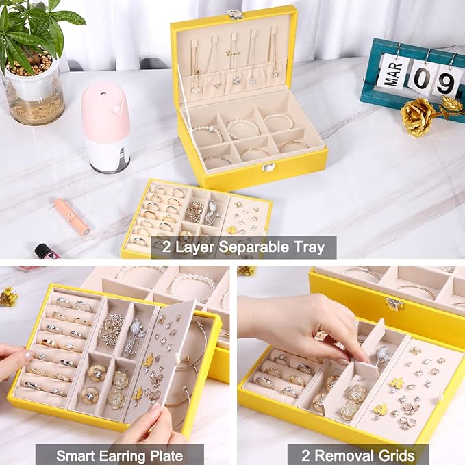 Voova Jewelry Box Organizer for Women Girls, 2 Layer Large Men Jewelry Storage Case, PU Leather Display Jewellery Holder with Removable Tray for Necklace Earrings Rings Bracelets, Vintage Gift, Yellow - Image 3