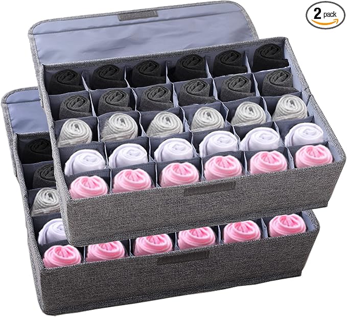MURRI&MURRDI 2 Packs Sock and Underwear Storage Closet Organizer with Lids, 30 Cells Foldable Drawer Divider, Linen Cotton Storage Box Bin for Lingerie, Ties, Scarves, Grey by MURRIMURRDI
