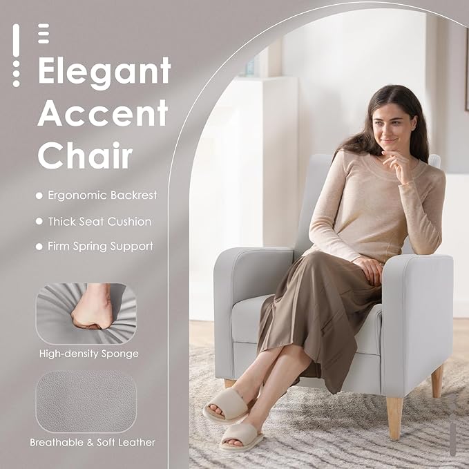 COLAMY Faux Leather Accent Living Room Chairs Set of 1, Upholstered Arm Chair Reading Side Chair, Single Sofa with Back Pillow and Wood Legs, Light Grey