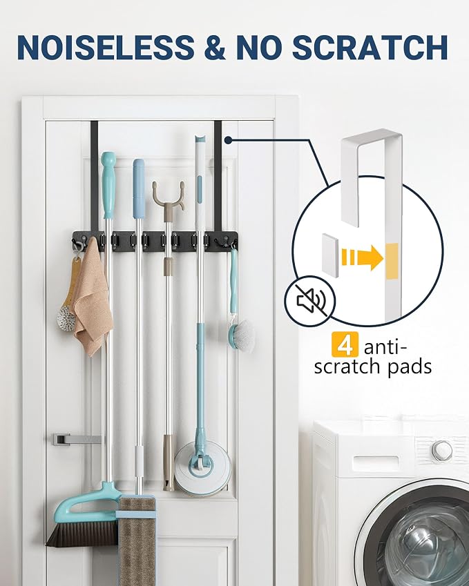 Lorbro Broom Holder Door Mount, Over the Door Broom and Mop Holder with 2 Over Door Hooks, Wood Broom Hanger, Tool Rack Organizer for Laundry, Garage, Closet, Kitchen Decor, 4 Slots & 4 Hooks Rustic - Image 5