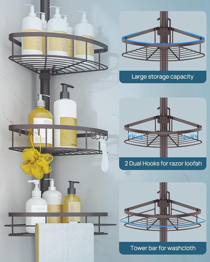 SEIRIONE Rustproof Shower Corner Caddy Organizer for Bathroom, Tension Pole with 4 Baskets, for Bathtub Storage Rack, 34 to 116 Inch Height, Bronze - Image 6