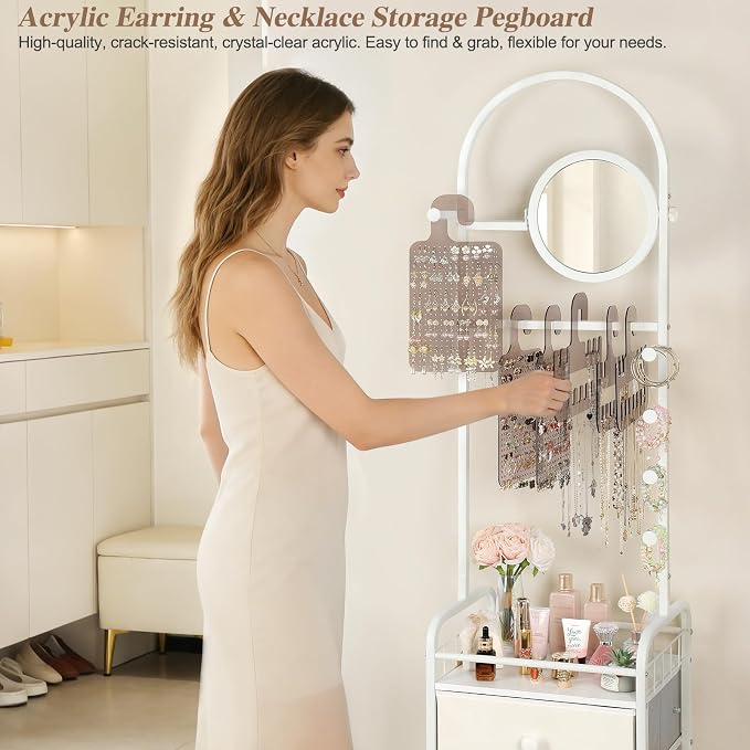 Keebofly Floor Jewelry Organizer with Adjustable Mirror, 67.52" Tall Jewelry Display Stand with 6 Acrylic Earring Necklace Pegboards, Mobile Jewelry Tower with Large Storage Drawer for Women - Image 3