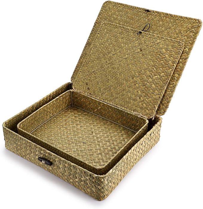 Hipiwe Natural Seagrass Storage Bins with Lid, Woven Wicker Basket Boxes Home Organizer Bins Shelf Organizer Box,Set of 2 - Image 3