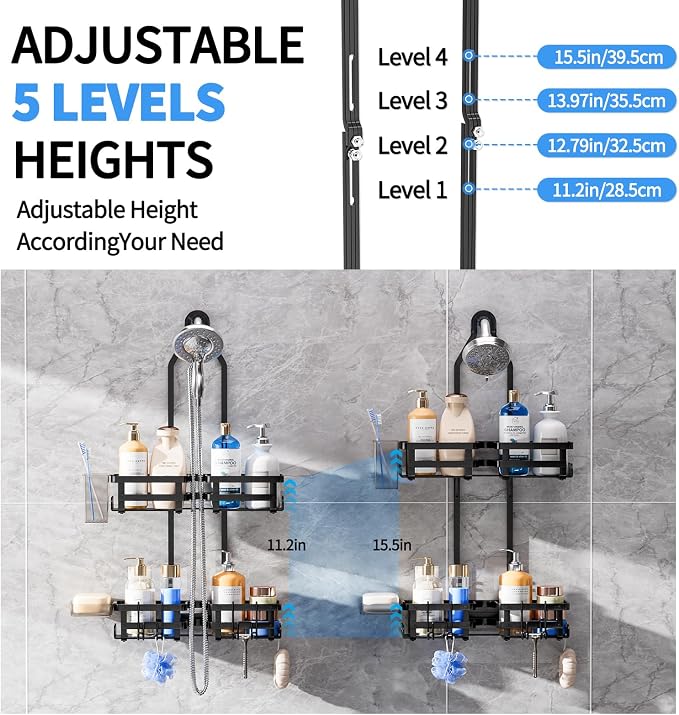 GAOKASE Aluminum Shower Caddy Hanging, Never Rust Shower Organizer- 4 Levels with adjustable Height 10 Hooks for Razor/Sponge - Rack with Soap Basket (Black-1) - Image 4