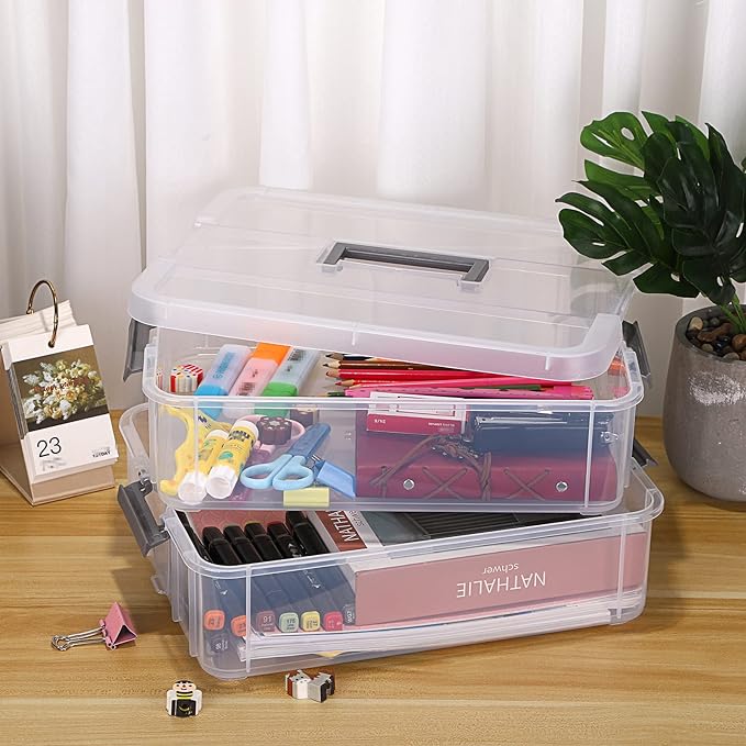 JUXYES 2-Tiers Stack Carry Storage Box With Handle, Transparent Stackable Storage Bin With Handle Lid Latching Storage Container for School & Office Supplies - Image 6