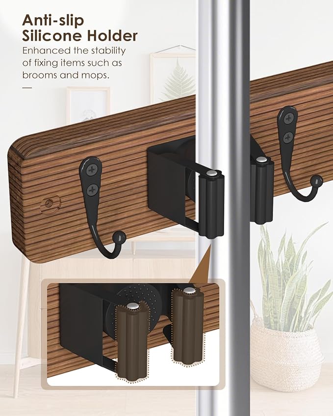 Broom Holder Wall Mounted, 4 Holders and 4 Hooks Mop Holder, Wooden Mop and Broom Holder with Anti slip rubber, Natural pine wood Brush Holder, Mop Wall Holde with Nail installation, Room Storage - Image 3