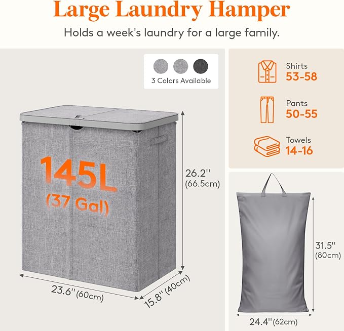Lifewit 145L Large Laundry Basket with Lid, Laundry Hamper with Plastic Handles and Removable Bag, Foldable Tall Dirty Clothes Hampers for Laundry for Laundry Room, Bedroom, Bathroom, Dorm, Light Gray - Image 4