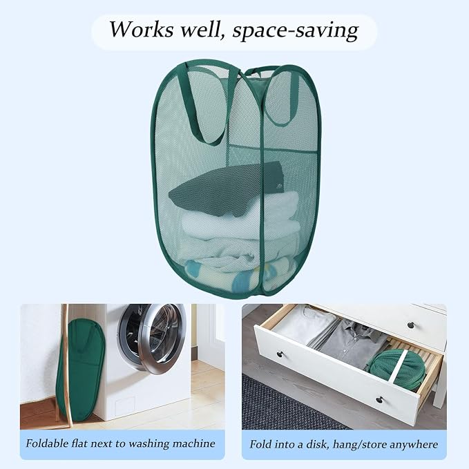 Upgraded 100L Extra Large Mesh Pop Up Laundry Basket With Handles, Light Breathable, Fold Compact, Large Hold Portable Foldable Dirty Clothes Basket For Bedroom, Laundry Room, Dorm, Hotel, Green.V - Image 5
