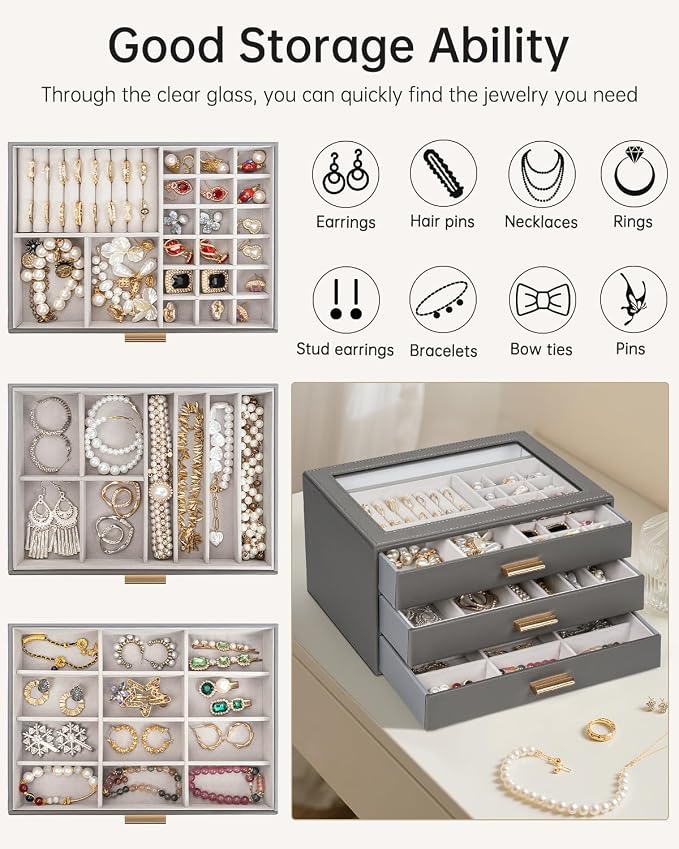 AKOZLIN Jewelry Box with Clear Lid Functional Leather Jewelry Storage Organizer Case 3 Drawers for Women Girls Necklace Ring Bracelet Earring - Image 3