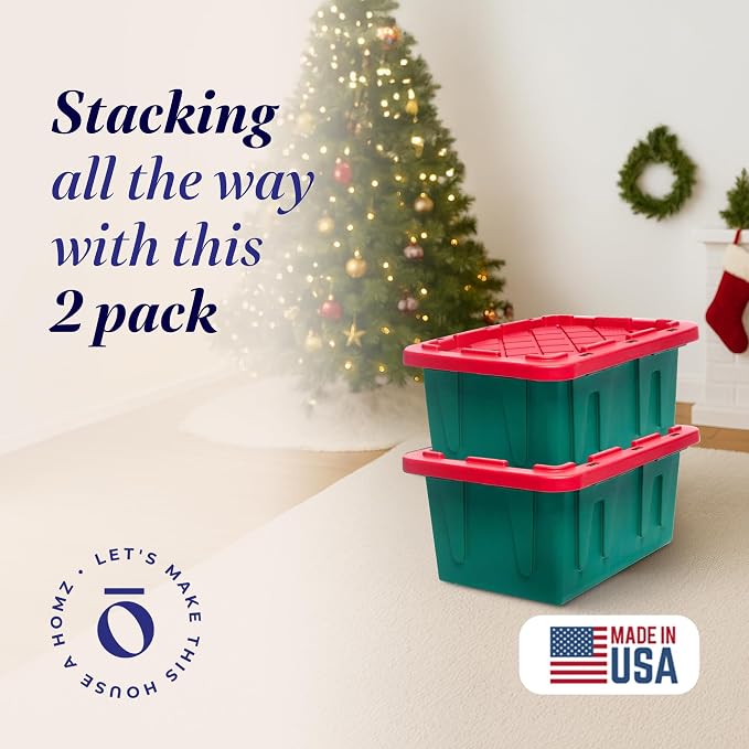HOMZ 2-Pack Durabilt, Heavy Duty Plastic Storage Bins with Lids, 15 Gallon, Green/Red - Stackable Container Boxes for Holiday, Attic, and Garage Organization - Image 2