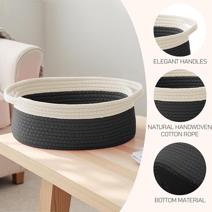 JMvicyroam Woven Basket,Small Rope Storage Bin with Handles & Ribbon Bag, Organizer for Shelves Closets,Gift Basket Empty for Birthday,Books,Dog Toys, White&Black - Image 3