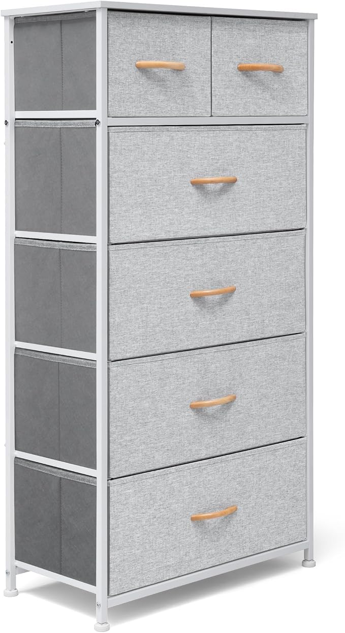 Fabric Dresser for Bedroom, Tall Skinny Dresser with 6 Drawers, Storage Organizer Tower, Steel Frame Wooden Top for Closet, Living Room, Hallway(Light Gray) - Image 9