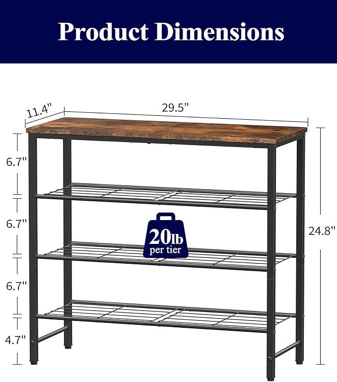 Kitsure Shoe Rack for Closet, Rustic Brown Shoe Organizer with Leveling Feet, Sturdy & Rust-Proof Shoe Storage for Entryway, Bedroom, Living Room, 29.5" x 11.4" x 24.8", Brown - Image 3