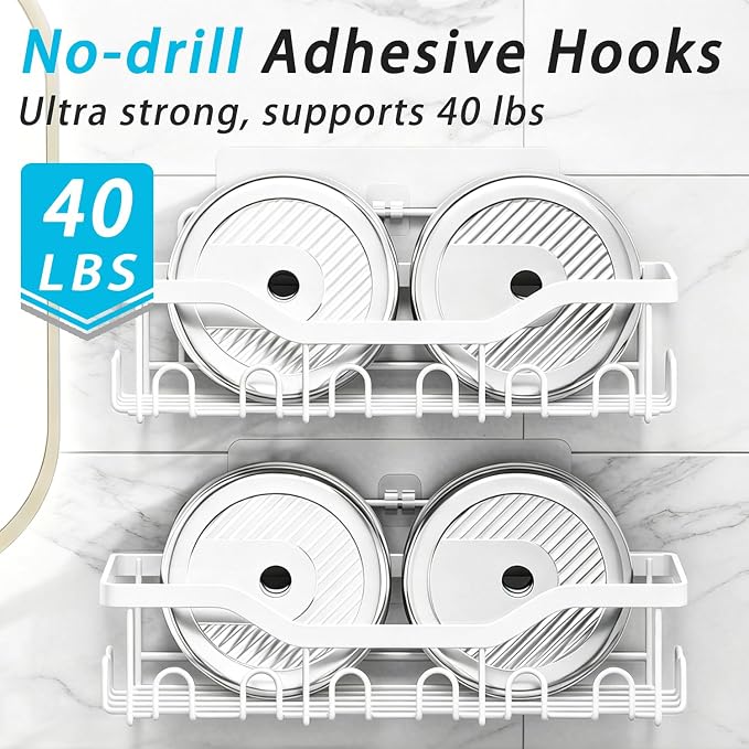 Fammart Adhesive Shower Caddy, 5-Pack Rustproof Stainless Steel Bathroom Organizer with 28 Hooks, No-Drill Large Capacity Shower Shelves for Bathroom Storage & Home Décor, White - Image 4
