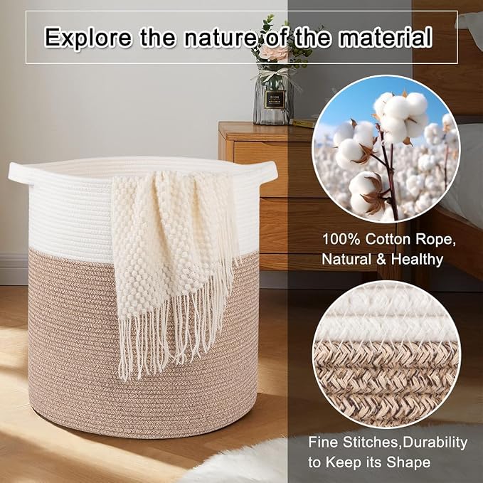 OIAHOMY 80L Laundry Hamper, Storage Basket with Handles, Laundry Basket For Toys, Pillows, Blankets,Clothes-20x18in-Brown&White - Image 5