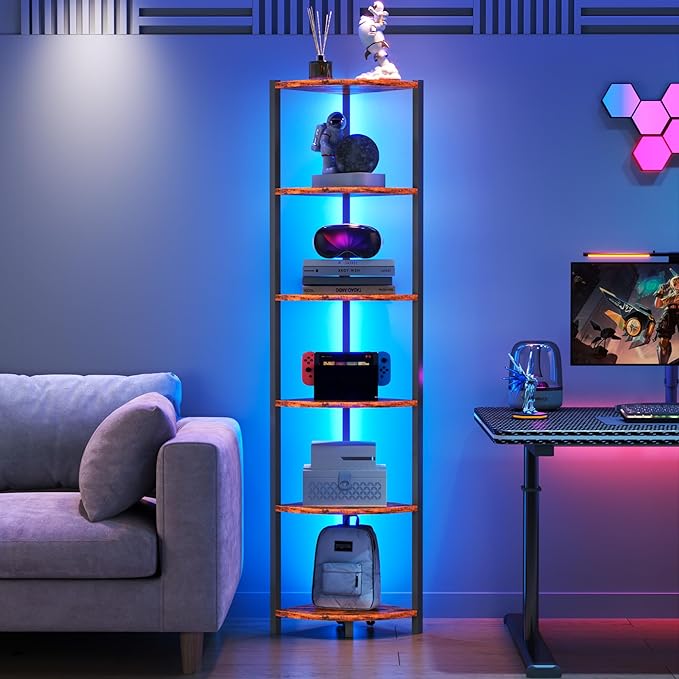 Corner Shelf with LED Lights, 6-Tier Corner Bookshelf, 66'' Organizer Book Shelf Shelves Steel Frame Display Stand with Living Room, Bedroom, Study, Rustic Brown - Image 6