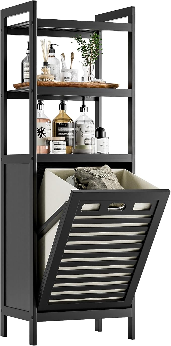 HITNET Tilt Out Laundry Hamper, Bamboo Bathroom Cabinet with Pull Out Removable Bag and 3 Tier Storage Shelves, 10 Gal Clothes Basket with Metal Handle, Black by HITNET