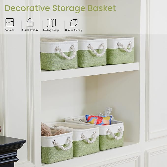Storage Baskets for Shelves 11.8x7.9x5.2 Inch, Foldable Fabric Storage Bins with Handles, Small Storage Baskets for Organizing Closet, Office, Home Organization (3-Pack, White&Green) - Image 5