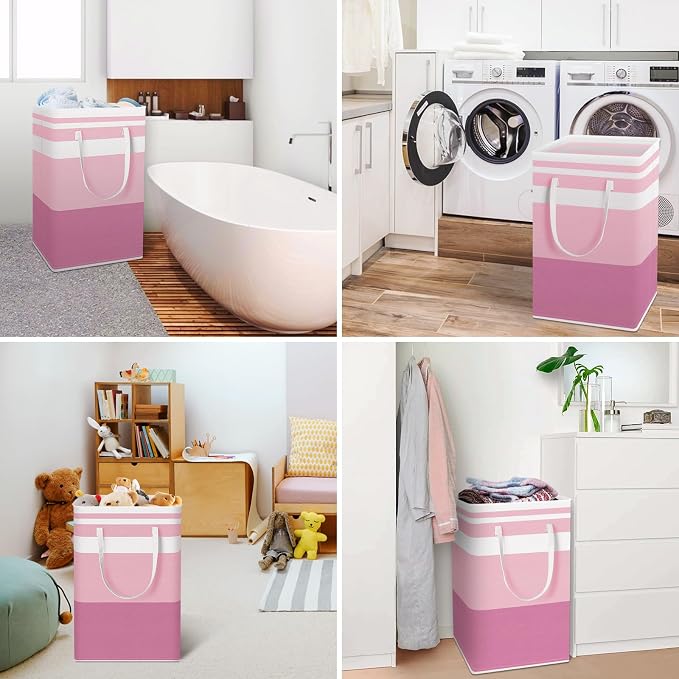 HomeHacks 2 Pack Large Laundry Baskets, Waterproof, Freestanding Laundry Hampers, Collapsible Clothes Hamper with Reinforced Handles in Laundry, College Dorm, Bathroom, Bedroom (Grey+Pink, 88Lx2) - Image 6