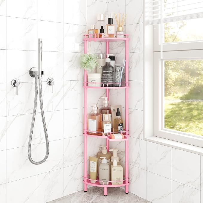 ELYKEN Corner Shower Caddy Standing, 4 Tier Rustproof Metal Shower Organizer with Soap Holder, Floor Shower Corner Shelf Rack Storage Stands with Adjustable Feet & 2 Hooks for Bathroom, Pink by ELYKEN