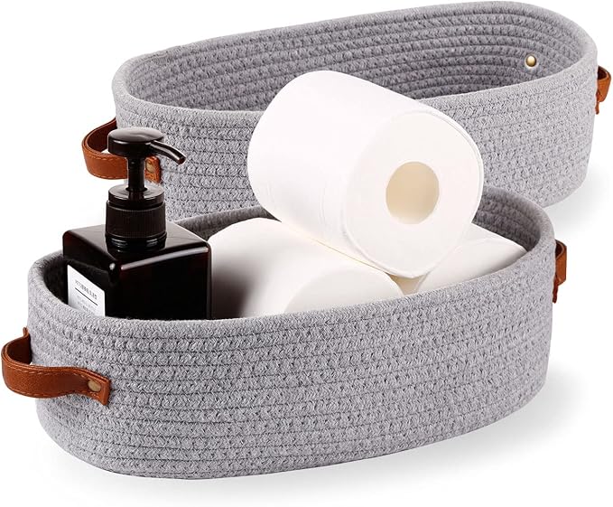 2 Pack Cotton Rope Small Woven Basket,Toilet Paper Basket,Room Storage Basket with Handles for Bathroom, 13"x5.9"x4" Gary by Oradrem