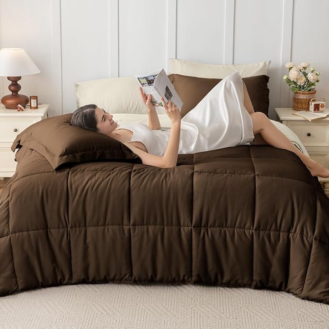 JOLLYVOGUE Queen Comforter Set, Ultra-Soft Bed in a Bag Queen Size 7 Pieces, Oeko-TEX Certified Bedding Set with Down Alternative Comforter, Sheets, Pillowcases & Shams, Brown & Beige